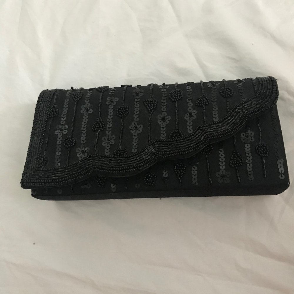 Black evening clutch with sequins and beads